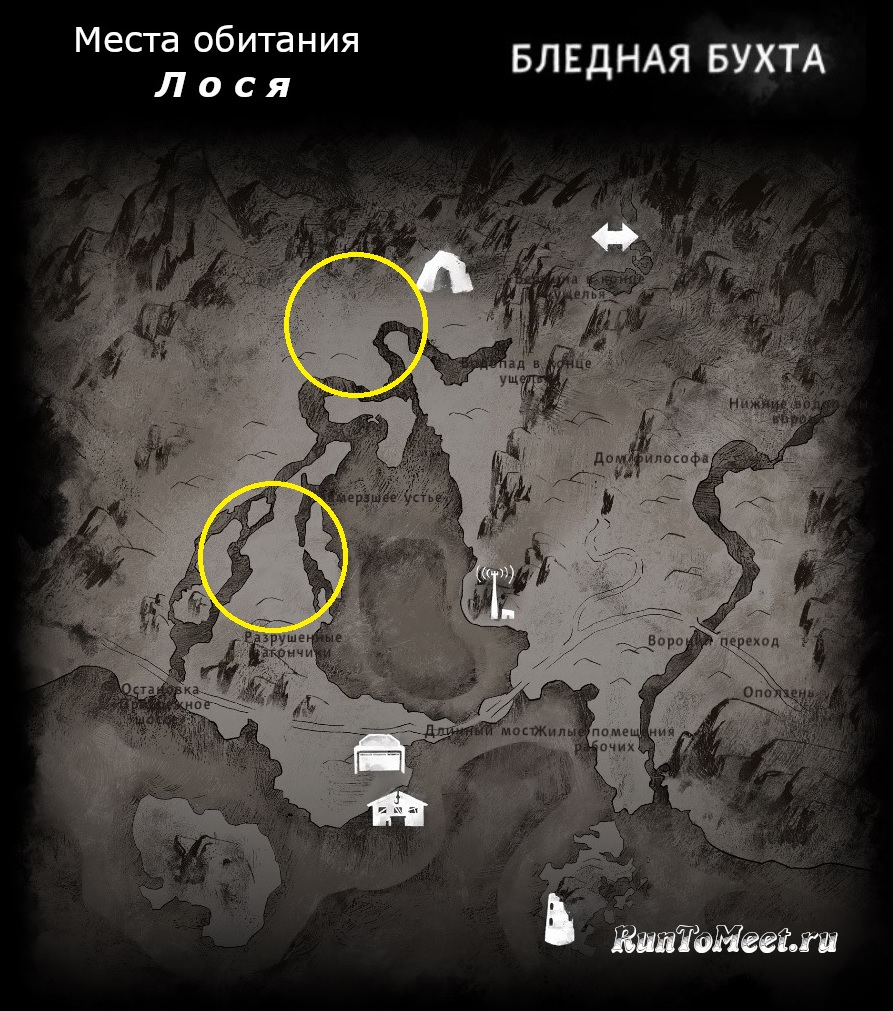 Места обитания лося, на карте локации Бледная бухта, в игре The long dark