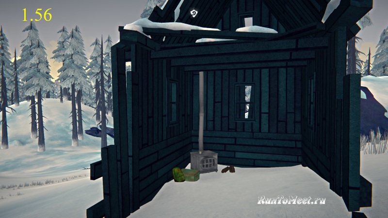 Вид разрушенного домика в Отрадной долине возле подъема на Волчью гору в игре The long dark версия 1.56