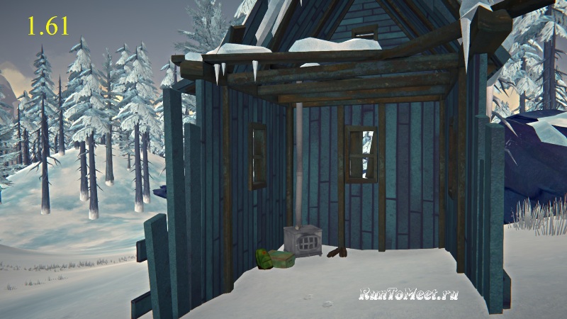 Вид разрушенного домика в Отрадной долине возле подъема на Волчью гору в игре The long dark версия 1.61